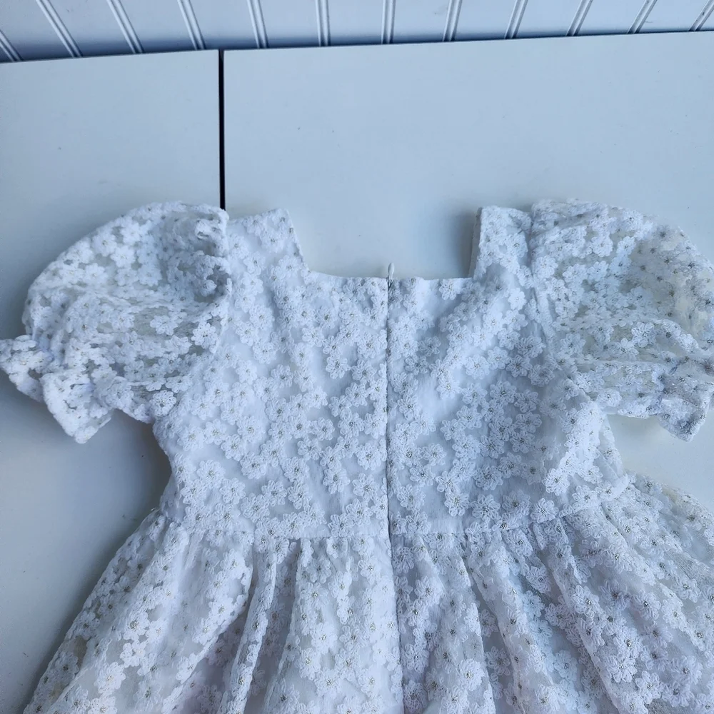 Shein Kids White Gold Floral Party Dress Short Sleeve Wedding Lace Sz 6Y